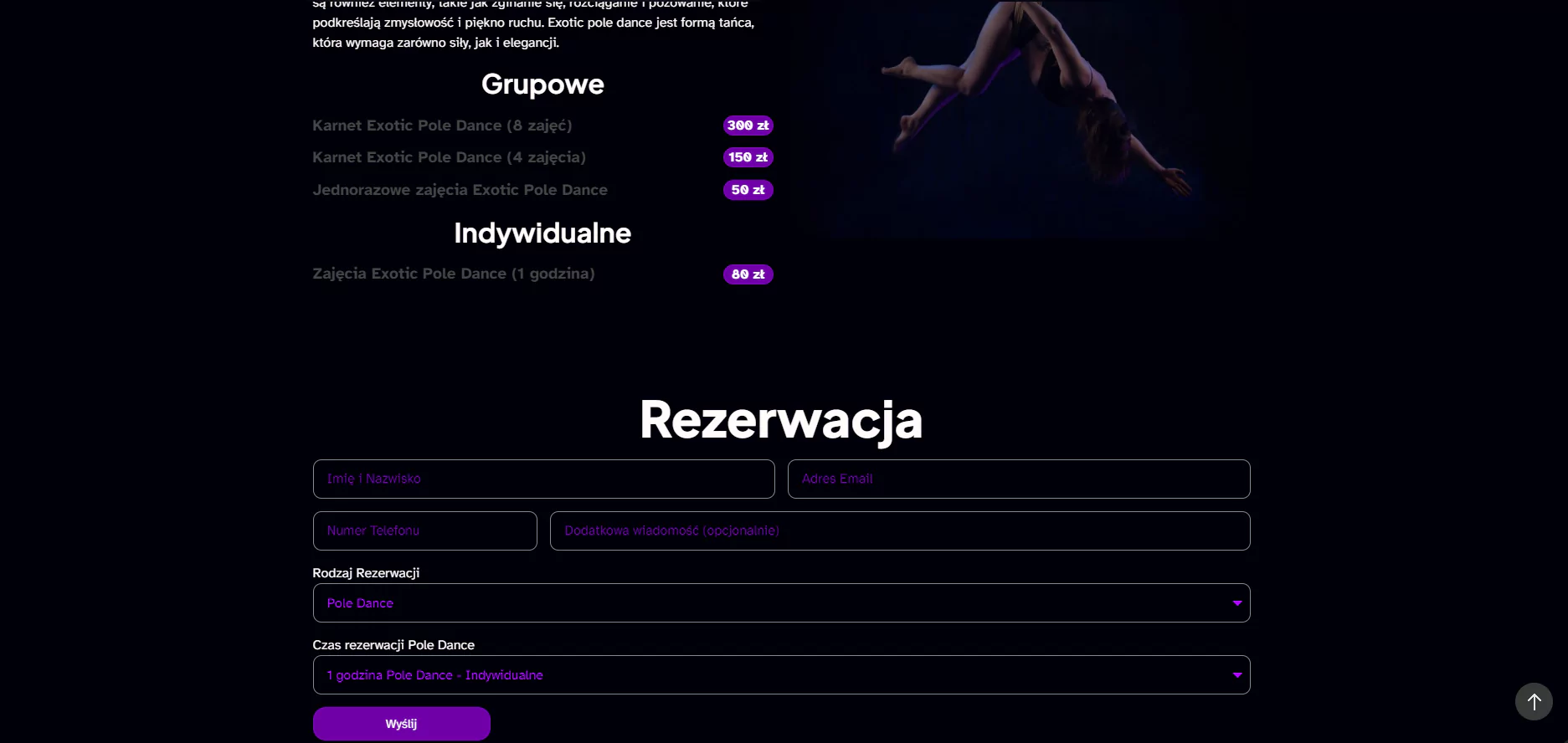 Zrzut ekranu projektu FlyMove - Sala Pole Dance i trener osobisty